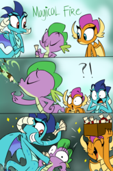 Size: 800x1214 | Tagged: safe, artist:emositecc, princess ember, smolder, spike, dragon, g4, school daze, abuse, box, comic, dragon mail, dragon trio, dragoness, female, fire, fire breath, force feeding, green fire, letter, magic, possible rape, scroll, smiling, spikeabuse, starry eyes, surprised, swag, this will end in tears and/or death and/or a huge pile of scrolls, wingding eyes