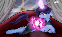 Size: 5000x3000 | Tagged: safe, artist:galinn-arts, oc, oc:aurora shine (loe), pony, unicorn, book, cape, clothes, eiffel tower, france, gift art, levitation, magic, paris, reading, scenery, signature, solo, telekinesis