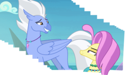 Size: 3453x2036 | Tagged: safe, edit, edited screencap, screencap, ocean flow, sky beak, classical hippogriff, hippogriff, seapony (g4), g4, surf and/or turf, bedroom eyes, cliff, female, flowbeak, grin, high res, husband and wife, male, ocean, shipping, smiling, straight