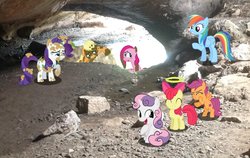 Size: 1024x648 | Tagged: safe, artist:didgereethebrony, apple bloom, applejack, pinkie pie, rainbow dash, rarity, scootaloo, sweetie belle, earth pony, pony, g4, australia, borenore caves, creek, cutie mark crusaders, didgeree collection, giggling, halo, irl, mlp in australia, mud, muddy, photo, ponies in real life