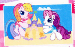 Size: 802x508 | Tagged: safe, sweetie belle (g3), toola-roola, g3, g3.5, beach, clothes, magazine, sand, sandcastle, swimsuit