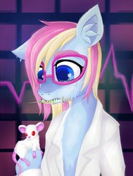 Size: 616x814 | Tagged: safe, artist:evescintilla, oc, oc only, oc:eve scintilla, earth pony, mouse, pony, rat, albino, biology, crying, glasses, medic, medicine