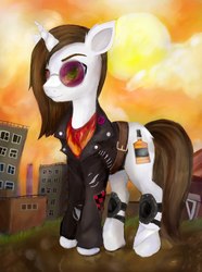 Size: 741x998 | Tagged: safe, artist:evescintilla, oc, oc only, oc:white disaster, pony, unicorn, clothes, jacket, leather jacket, male, microphone, punk, stallion, sunglasses