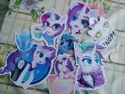 Size: 2560x1920 | Tagged: safe, artist:evescintilla, opalescence, rarity, g4, alternate hairstyle, food, ice cream, irl, photo, punk, raripunk, sticker