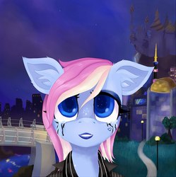 Size: 760x764 | Tagged: source needed, useless source url, safe, artist:evescintilla, oc, oc only, oc:eve scintilla, pony, bust, city, cityscape, colored pupils, crying, floppy ears, heart, lipstick, looking at you, makeup, night, portrait, running makeup, solo