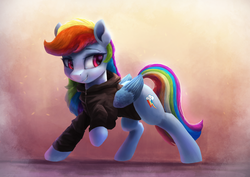 Size: 3600x2550 | Tagged: safe, artist:vanillaghosties, rainbow dash, pegasus, pony, g4, abstract background, clothes, colored wings, female, high res, hoodie, looking sideways, mare, raised hoof, smiling, solo