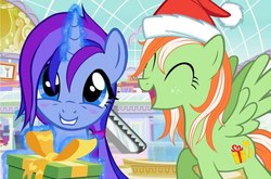 Size: 642x424 | Tagged: safe, oc, oc only, oc:santa presents, oc:wandering light, pony, christmas, cute, fake screenshot, hat, holiday, mascot, present, santa hat, smiling, solo, vector