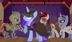 Size: 1280x747 | Tagged: safe, oc, oc:blackjack, oc:eve scintilla, oc:lacunae, oc:rampage, oc:santa presents, oc:triage, oc:wandering light, oc:white disaster, pegasus, pony, unicorn, fallout equestria, fallout equestria: project horizons, clothes, cosplay, costume, crossover, fake screenshot, fallout, fanfic, fanfic art, female, glasses, hooves, horn, jumpsuit, male, mare, mascot, open mouth, pipbuck, smiling, stallion, vault suit, vector