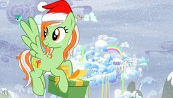 Size: 1280x720 | Tagged: safe, oc, oc only, oc:santa presents, pegasus, pony, christmas, cloudsdale, cute, hat, holiday, mascot, santa hat, solo, winter