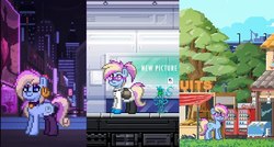 Size: 558x299 | Tagged: safe, oc, oc:eve scintilla, earth pony, pony, pony town, clothes, glasses, lab coat, photoshop, pixel art, stockings, thigh highs