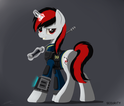 Size: 3264x2800 | Tagged: safe, artist:avastin4, oc, oc only, oc:blackjack, pony, unicorn, fallout equestria, fallout equestria: project horizons, baton, clothes, fanfic, fanfic art, female, glowing horn, high res, hooves, horn, jumpsuit, looking back, magic, mare, pipbuck, solo, telekinesis, vault security armor, vault suit