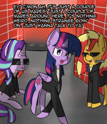 Size: 1953x2263 | Tagged: safe, artist:artiks, starlight glimmer, sunset shimmer, twilight sparkle, alicorn, pony, unicorn, g4, brick wall, clothes, dialogue, female, gang, howling 2, jacket, jontron, leather jacket, magical trio, men in black, sunglasses, trio, trio female, twilight sparkle (alicorn)