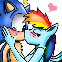 Size: 384x384 | Tagged: safe, rainbow dash, g4, blushing, crossover, female, interspecies, kissing, male, shipping, sonic the hedgehog, sonic the hedgehog (series), sonicdash, straight