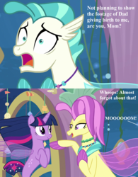 Size: 1125x1440 | Tagged: safe, edit, edited screencap, editor:korora, screencap, ocean flow, terramar, twilight sparkle, alicorn, seapony (g4), g4, season 8, surf and/or turf, cropped, embarrassed, female, furry reminder, implied male pregnancy, implied sky beak, male, mothers gonna mother, ocean, seahorse reproduction, seaponified, seapony twilight, seaquestria, species swap, text, twilight sparkle (alicorn), underwater, water