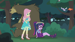 Size: 2208x1242 | Tagged: safe, screencap, constance, fluttershy, harry, sci-twi, twilight sparkle, bear, bird, songbird, woodpecker, equestria girls, g4, my little pony equestria girls: better together, stressed in show, stressed in show: fluttershy, boots, bowtie, chickadee (bird), clothes, cute, dress, eyes closed, floral head wreath, flower, geode of telekinesis, glasses, magical geodes, mud, muddy, open mouth, ponytail, shoes, shyabetes, skirt, sleeping, tree, twiabetes