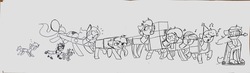 Size: 2807x823 | Tagged: safe, artist:nootaz, oc, oc:alpha charm, oc:cookie, oc:frontier, oc:goldie, oc:hearth, oc:lock hard, oc:looty, oc:metal lock, oc:pink, cute, female, male, marching, music notes, parade, singing, smiling, traditional art