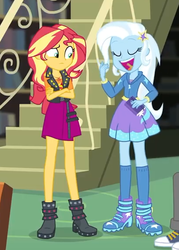 Size: 408x571 | Tagged: safe, sunset shimmer, trixie, equestria girls, g4, my little pony equestria girls: better together, boots, carrot, clothes, cropped, eyes closed, female, food, geode of empathy, high heel boots, hoodie, jacket, leather jacket, shoes, skirt, sneakers, socks