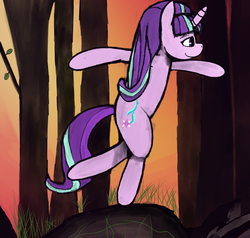 Size: 2100x2000 | Tagged: safe, artist:voloutfelixsit, starlight glimmer, pony, unicorn, g4, colored, colored pupils, detailed, detailed background, female, forest, full body, happy, high res, mare, rock, solo