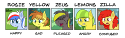 Size: 5820x1782 | Tagged: safe, artist:reconprobe, oc, oc:lemon drop, oc:ponyzilla, oc:recon probe, oc:zeus, pony, emotions, female, male, mare, stallion