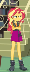 Size: 228x551 | Tagged: safe, screencap, sunset shimmer, equestria girls, equestria girls series, forgotten friendship, g4, boots, clothes, cropped, female, geode of empathy, high heel boots, jacket, leather jacket, shoes, skirt, solo, unamused