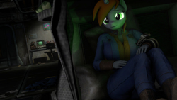 Size: 1920x1080 | Tagged: safe, artist:maxressor, oc, oc only, oc:littlepip, anthro, fallout equestria, 3d, busty littlepip, clothes, fanfic, fanfic art, female, horn, jumpsuit, pipbuck, sad, solo, source filmmaker, stable 2, terminal, vault suit