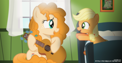 Size: 5771x3024 | Tagged: safe, artist:jhayarr23, applejack, bright mac, pear butter, earth pony, pony, g4, spoiler:coco, bedroom, coco (disney movie), cute, disney, feels, female, filly, filly applejack, guitar, jackabetes, lyrics in the description, mare, mother and daughter, pearabetes, picture frame, pixar, remember me, show accurate, spoilers for another series, vector, wallpaper, younger