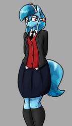Size: 518x907 | Tagged: safe, artist:whatsapokemon, oc, oc only, oc:historia, crystal pony, anthro, clothes, female, glasses, gray background, mare, simple background, skirt, socks, solo