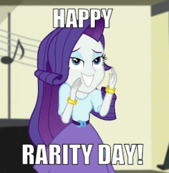 Size: 702x720 | Tagged: safe, edit, edited screencap, screencap, rarity, equestria girls, equestria girls specials, g4, animated, caption, cropped, cute, female, gif, gif with captions, happiness, happy, image macro, meme, raribetes, rarity day, shaped like itself, smiling, solo, text