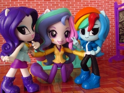 Size: 1400x1050 | Tagged: safe, artist:whatthehell!?, princess celestia, principal celestia, rainbow dash, rarity, equestria girls, equestria girls series, g4, boots, chalkboard, classroom, clothes, desk, doll, dress, equestria girls minis, eqventures of the minis, irl, kneeling, photo, ponied up, school, shoes, skirt, smiling, toy, ultra minis