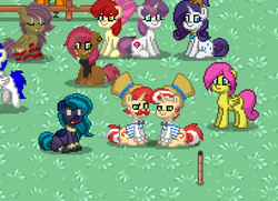 Size: 1225x888 | Tagged: safe, apple bloom, flam, flim, rarity, sweetie belle, oc, oc:midnight mist, pegasus, pony, unicorn, pony town, g4, clothes, costume, flim flam brothers, shadowbolts costume