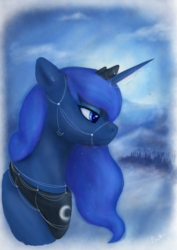 Size: 904x1280 | Tagged: safe, artist:honiibree, princess luna, alicorn, pony, g4, bust, ethereal mane, female, halter, horn, horn jewelry, jewelry, mare, regalia, scenery, snow, solo, starry mane, tack