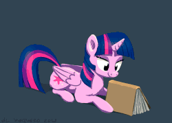 Size: 924x661 | Tagged: safe, artist:el-yeguero, twilight sparkle, alicorn, pony, :p, animated, bibliophile, blinking, blue background, book, bookhorse, cargo ship, chest fluff, cute, eyes closed, eyes on the prize, female, gif, licking, lidded eyes, mare, mlem, prone, shipping, silly, silly pony, simple background, smiling, solo, that pony sure does love books, tongue out, twiabetes, twibook, twilight sparkle (alicorn), why, wing twitch