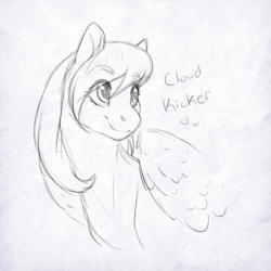 Size: 2100x2100 | Tagged: safe, artist:honiibree, cloud kicker, pegasus, pony, g4, female, gift art, grayscale, heart, high res, looking over shoulder, mare, monochrome, simple background, sketch, smiling, solo, white background