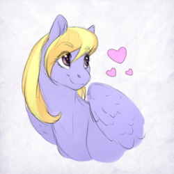 Size: 500x500 | Tagged: safe, artist:honiibree, cloud kicker, pegasus, pony, g4, abstract background, female, gift art, heart, looking over shoulder, mare, simple background, smiling, solo, white background