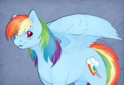 Size: 500x343 | Tagged: safe, artist:honiibree, rainbow dash, pegasus, pony, g4, abstract background, blushing, cutie mark, female, mare, smiling, solo, spread wings, wings