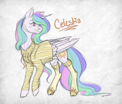 Size: 4000x3400 | Tagged: safe, artist:honiibree, princess celestia, alicorn, pony, g4, abstract background, clothes, cutie mark, female, looking over shoulder, mare, smiling, socks, solo, sweater