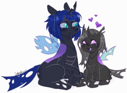 Size: 1359x1000 | Tagged: safe, artist:jadeyhooves, oc, oc only, oc:arlen, oc:payton, changeling, female, heart, purple changeling, simple background, sitting, white background