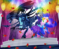 Size: 1100x917 | Tagged: safe, artist:pixelkitties, princess luna, alicorn, pony, g4, alien (franchise), clothes, crossover, dress, female, flower, mare, rose, smiling, stage, xenomorph queen