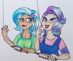 Size: 2880x2413 | Tagged: safe, artist:smirk, starlight glimmer, trixie, human, g4, clothes, cute, duo, female, high res, humanized, kite, kite flying, lesbian, ship:startrix, shipping, smiling, traditional art
