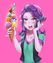 Size: 800x941 | Tagged: safe, artist:tzc, starlight glimmer, equestria girls, g4, mirror magic, spoiler:eqg specials, beanie, blushing, breasts, cleavage, clothes, cute, cutie mark, description is relevant, dessert, female, food, gasp, glimmerbetes, hat, ice cream, implied mane seven, nail polish, pink background, reasonably sized breasts, simple background, solo, sparkles, that human sure does love ice cream, that pony sure does love ice cream, vest