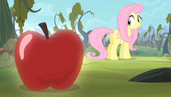 Size: 1280x720 | Tagged: safe, screencap, fluttershy, pegasus, pony, bats!, g4, apple, apple orchard, female, food, looking back, mare, solo, tree