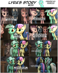 Size: 3929x4905 | Tagged: safe, artist:goatcanon, bacon braids, bon bon, lyra heartstrings, night glider, sweetie drops, comic:lyra's story, g4, the cutie map, 3d, comic, dialogue, equal cutie mark, our town, source filmmaker, starlight's village