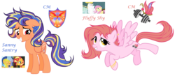 Size: 2838x1238 | Tagged: safe, artist:velveagicsentryyt, bulk biceps, flash sentry, fluttershy, sunset shimmer, oc, oc:fluffy shy, oc:sunny sentry, pegasus, pony, g4, female, mare, offspring, parent:bulk biceps, parent:flash sentry, parent:fluttershy, parent:sunset shimmer, parents:flashimmer, parents:flutterbulk, simple background, transparent background