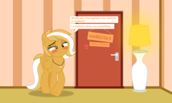 Size: 3400x2050 | Tagged: safe, artist:potato22, oc, oc only, oc:mareota, pony, bedroom eyes, blushing, cute, dialogue, door, female, high res, implied sex, jewelry, mare, necklace, room, show accurate, solo, vector