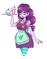 Size: 1600x2000 | Tagged: safe, artist:seishinann, sugar belle, equestria girls, g4, apron, clothes, cupcake, cute, equestria girls-ified, female, food, heart eyes, milkshake, simple background, smiling, socks, solo, striped socks, sugarbetes, transparent background, tray, wingding eyes