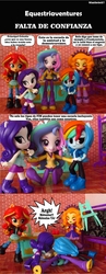 Size: 899x2313 | Tagged: safe, artist:whatthehell!?, adagio dazzle, princess celestia, principal celestia, rainbow dash, rarity, sunset shimmer, equestria girls, g4, my little pony equestria girls: better together, attack, boots, chair, chalkboard, classroom, clothes, desk, doll, dress, equestria girls minis, eqventures of the minis, headband, irl, photo, school, shoes, skirt, smiling, spanish, toy, ultra minis