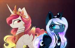 Size: 2313x1486 | Tagged: safe, artist:magnaluna, princess celestia, princess luna, alicorn, pony, g4, alternate design, alternate hairstyle, alternate universe, color porn, colored wings, colored wingtips, crown, cutie mark, duo, ear fluff, ethereal mane, female, folded wings, gradient background, gradient ears, gradient mane, gradient tail, gradient wings, horn, jewelry, looking at each other, multicolored wings, peytral, regalia, siblings, simple background, sisters, sparkly mane, sparkly tail, starry mane, starry tail, tail, tiara, white-haired luna, wings