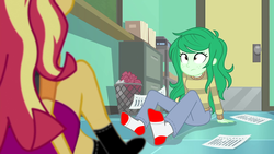 Size: 1920x1080 | Tagged: safe, edit, edited screencap, editor:grapefruitface, screencap, sunset shimmer, wallflower blush, equestria girls, equestria girls specials, g4, my little pony equestria girls: better together, my little pony equestria girls: forgotten friendship, alternative, clothes, duo, paper, socks