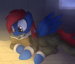 Size: 1400x1200 | Tagged: safe, artist:datte-before-dawn, oc, oc only, oc:snap roll, pegasus, pony, fallout equestria, fallout equestria: frozen skies, clothes, diary, female, flight suit, mare, mouth hold, solo, writing