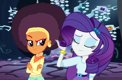 Size: 3000x1962 | Tagged: safe, artist:thebarsection, edit, editor:ktd1993, rarity, saffron masala, tree of harmony, equestria girls, g4, afro, female, lesbian, raffron, shipping